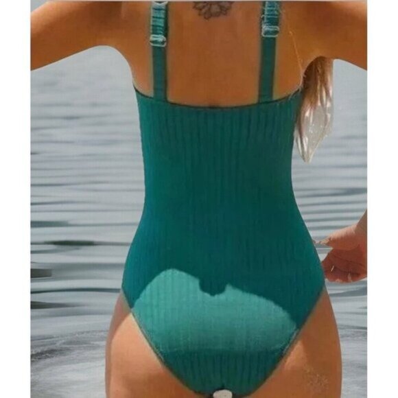 CUPSHE Women One Piece Swimsuit Large Green Ribbed Front Keyhole High Neck Cheek - Picture 2 of 8